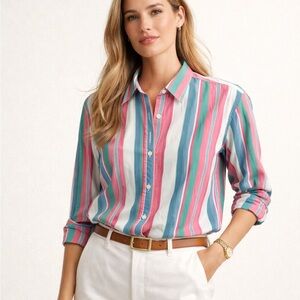 Talbots Petite Striped Button Down Shirt Pink Green Preppy Coastal Quiet Luxury